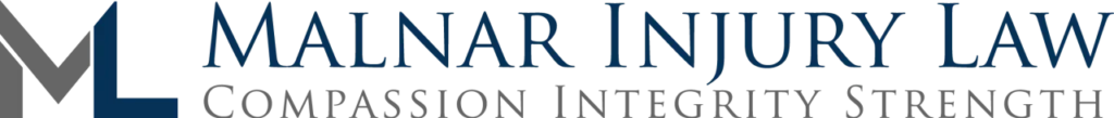 Official Malnar Injury Law logo featuring a stylized grey and navy blue "ML" monogram followed by navy blue serif typography and the firm's core values: Compassion, Integrity, Strength.