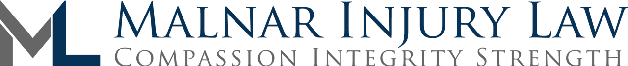 Official Malnar Injury Law logo featuring a stylized grey and navy blue "ML" monogram followed by navy blue serif typography and the firm's core values: Compassion, Integrity, Strength.