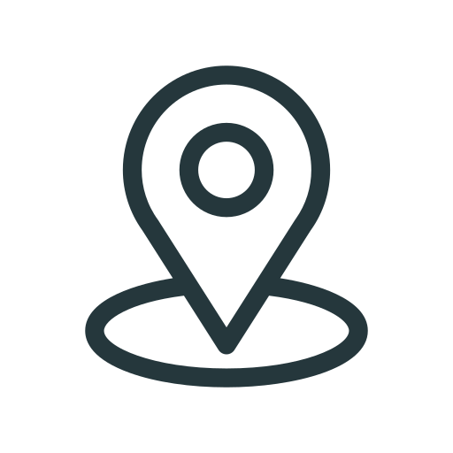 A clean, black line-art location pin icon positioned over a circular base, representing a geographical map marker for local business directions, GPS navigation, and localized search engine optimization (SEO) services.